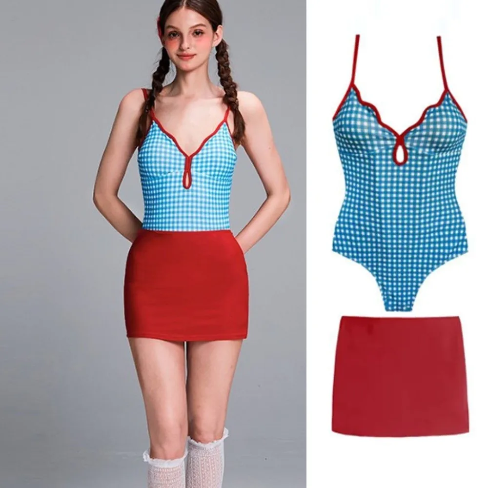 

Slimming Design Plaid Swimsuit Suit Conservative Style Backless Skirt Bathing Suit Fresh Scalloped Rim Swimwear Bikini Set