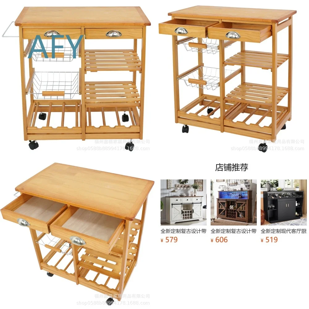 New Custom Log-Colored Roller Wooden Kitchen Island Cart for Home Kitchen Organization Storage Utility Mobile Workstation for
