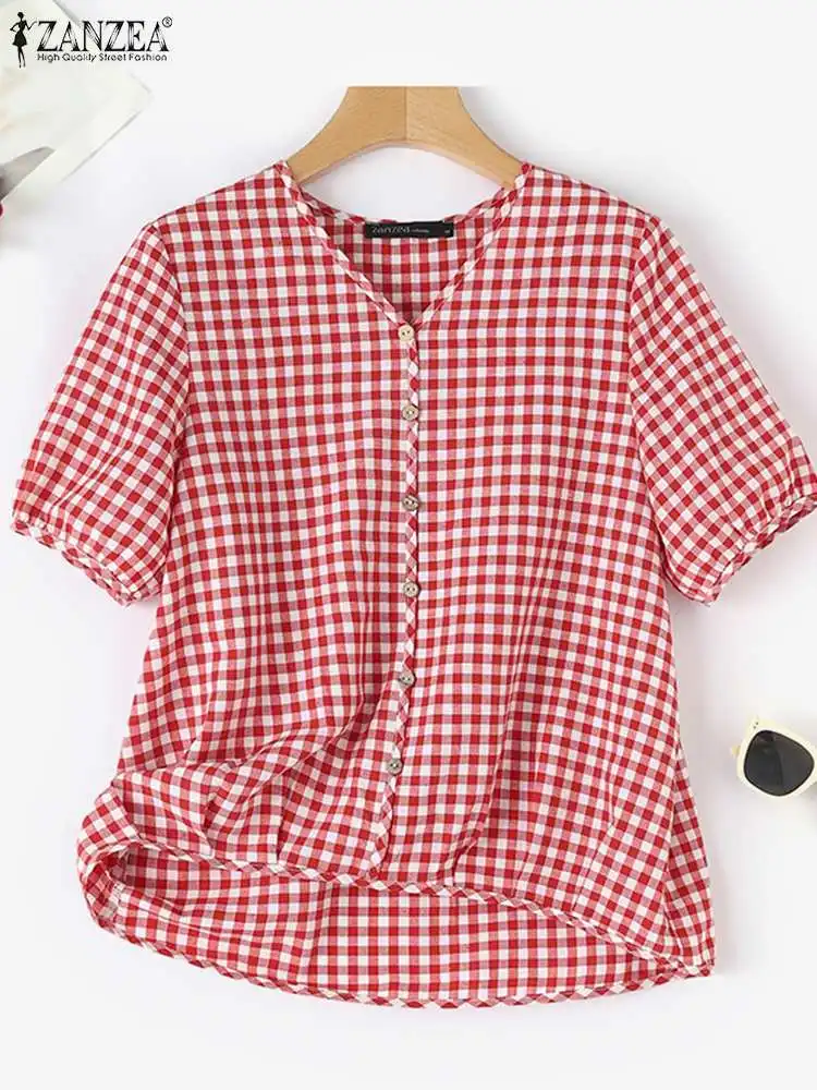 ZANZEA Checked Casual Shirt Plaid Loose Vintage Fashion Blusas Women V Neck Holiday Party Tunic Tops Summer Short Sleeve Blouse