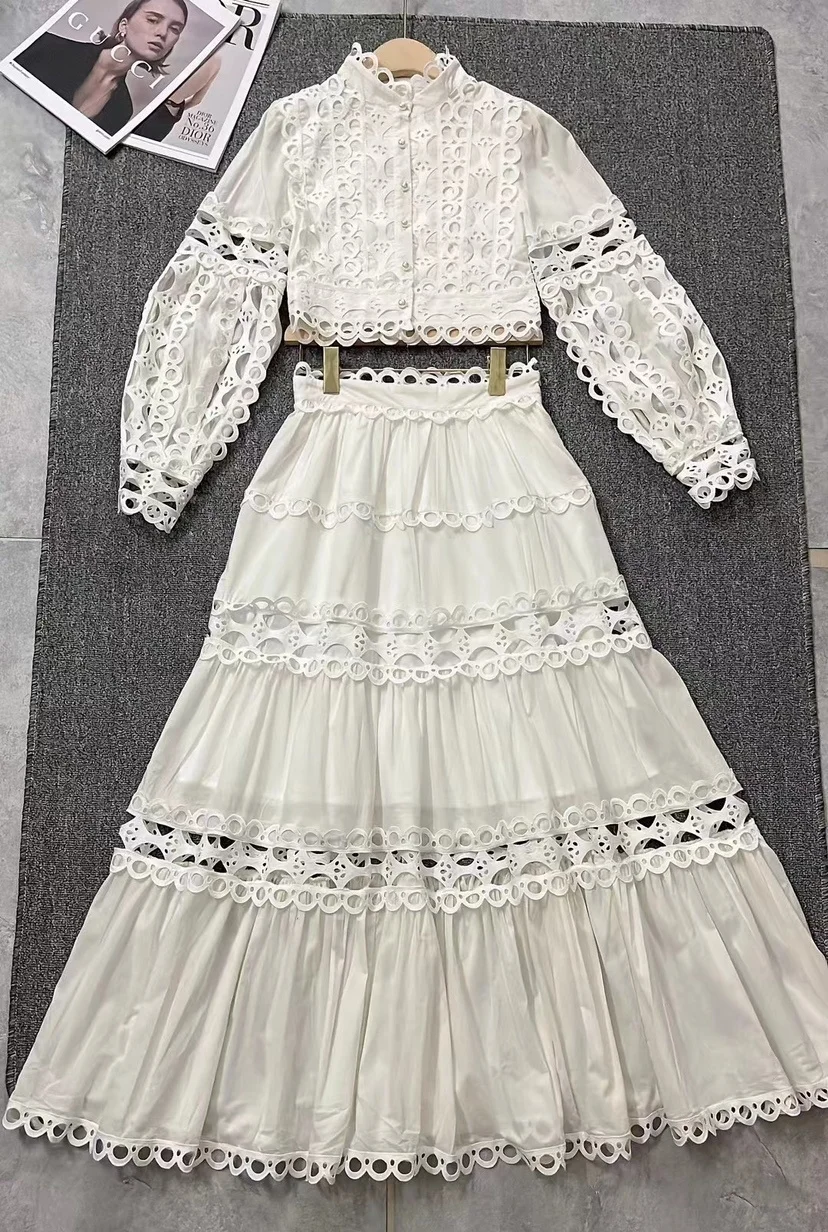 JAMERARY White Embroidery Two Piece Dress Sets Women Crop Tops Long Sleeve Shirts + A Line Pleated Midi Long Skirts Suits