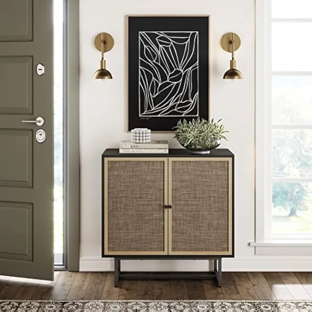 Kova rattan wood decorative sideboard storage cabinet with matte metal frame, adjustable internal shelves and rattan doors