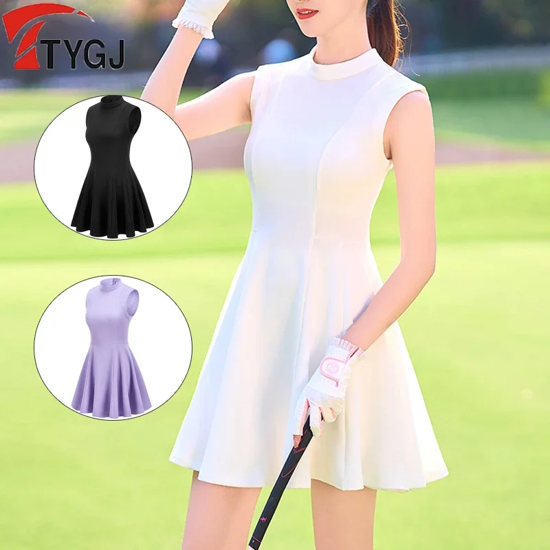 

TTYGJ Golf Ladies Dress Half High Round Neck Sleeveless Dress Women A-line Large Shirt Dresses Stretch Slim Fit Tennis Skirt