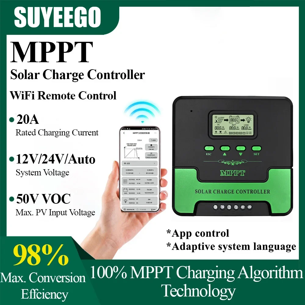 

SUYEEGO MPPT 20A LCD Display with WIFI 12V/24V Auto Solar Panel Battery Regulator Charge Controller Dual USB for Lifepo4 Lithium