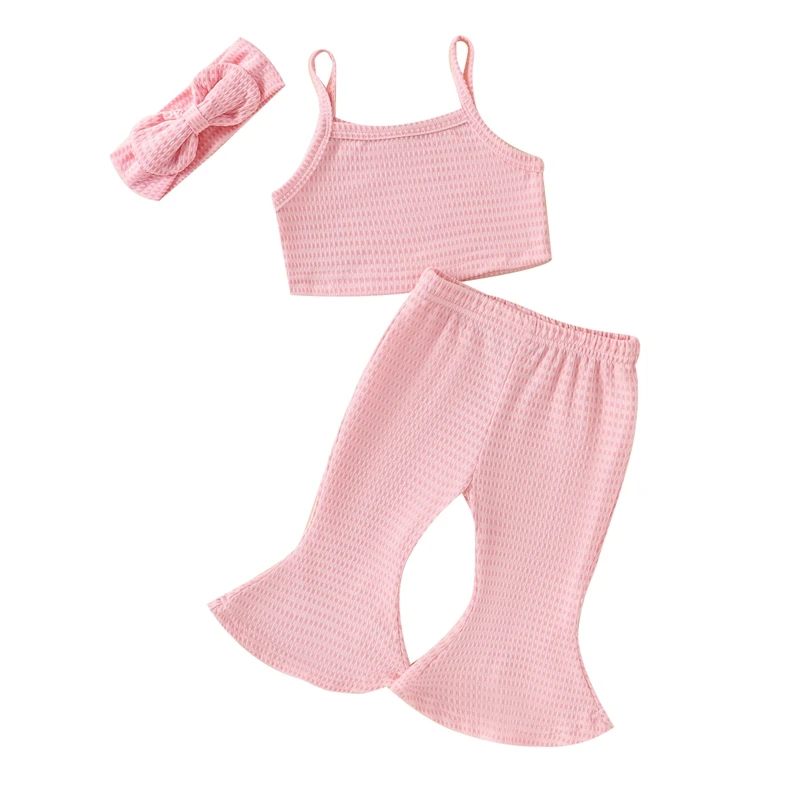 

Baby Girl Summer Outfits Solid Color Ribbed Sleeveless Tank Tops Flare Pants Headband 3Pcs Clothes Set