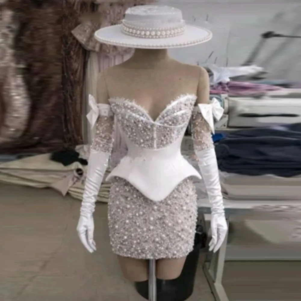 Customized Ivory Cocktail Dress Mini Short Cocktail Gowns for Women Sheath Strapless Pearls Beading Wedding Party Gown