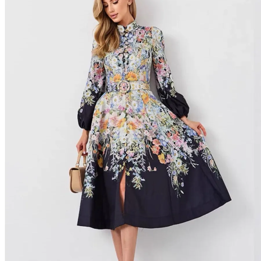 

Ele Floral Print Midi Dr with Stand Collar Single Button Design And Belt Spring Autumn New Sle Women's Faion Dr