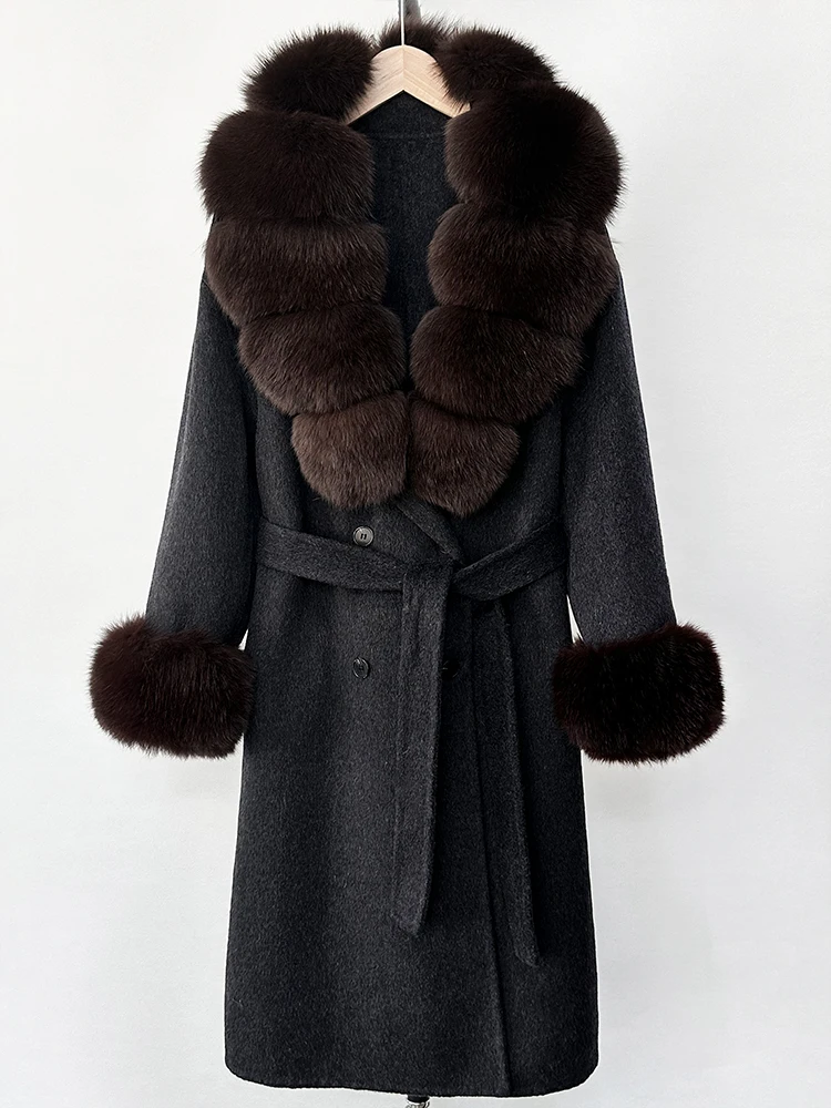 New Women Fashion Warm 100% Wool Real Fox Fur Jacket Overcoat Wholesale New Autumn Winter Clothes Long Natural Woolen Coat