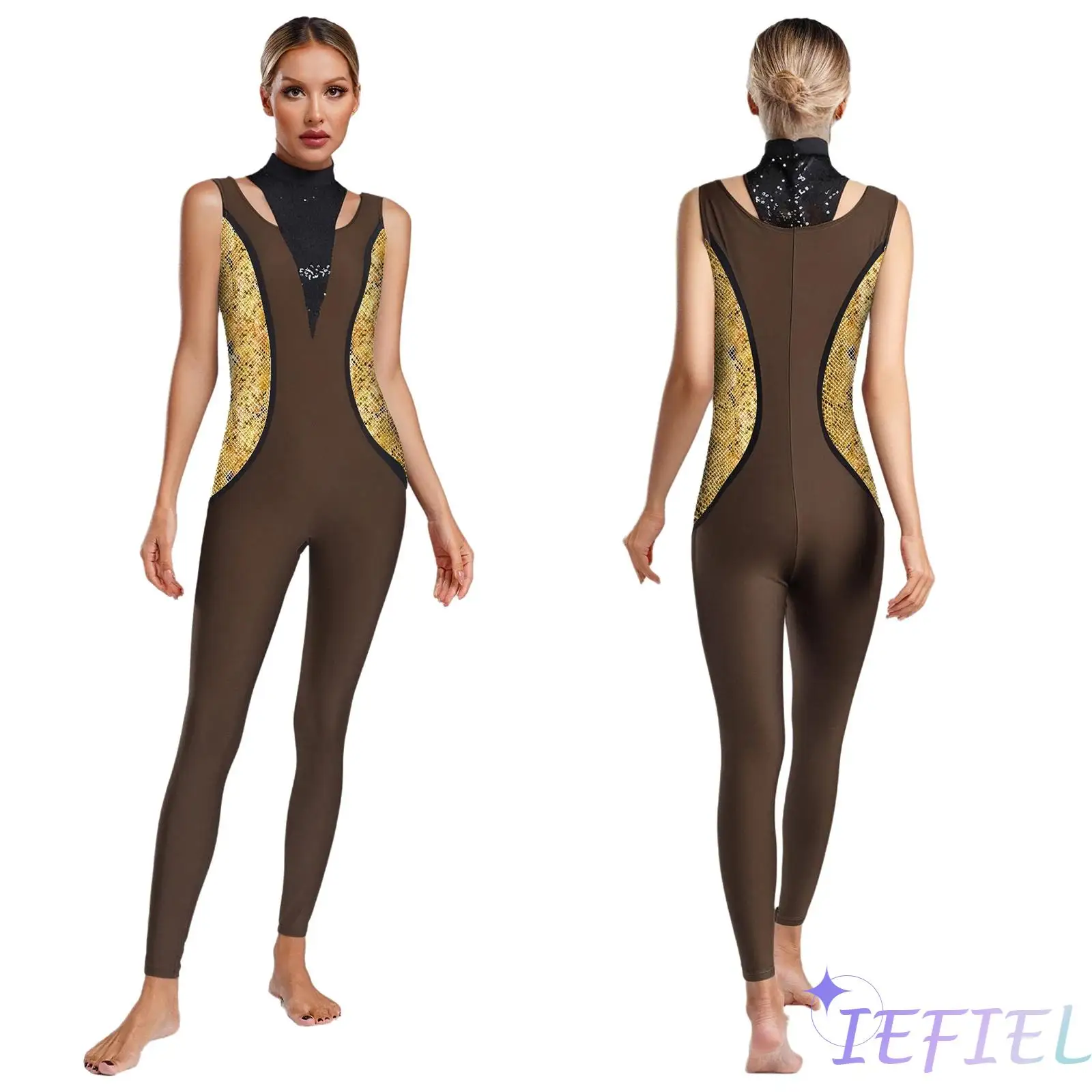

Womens Snakeskin Pattern Print Gymnastics Unitard Jumpsuit Sleeveless Shoulder Hollow Out Sparkly Sequin Long Pants Bodysuit