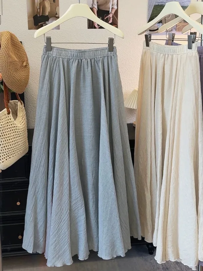 

Retro Style Cotton Linen Half-length Skirt Women's Spring Long Dress Umbrella Skirt Big Swing Skirt Fashionable Ladies' Skirts