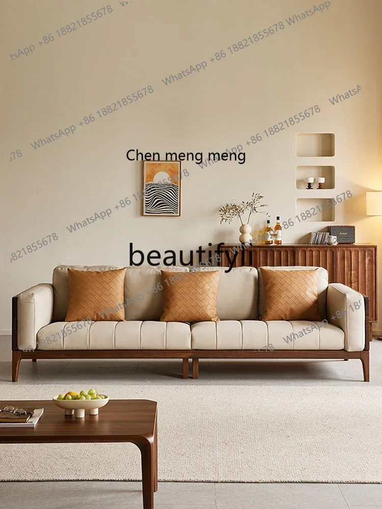 North American black walnut sofa Nordic solid wood living room four-person leather straight-row sofa2936
