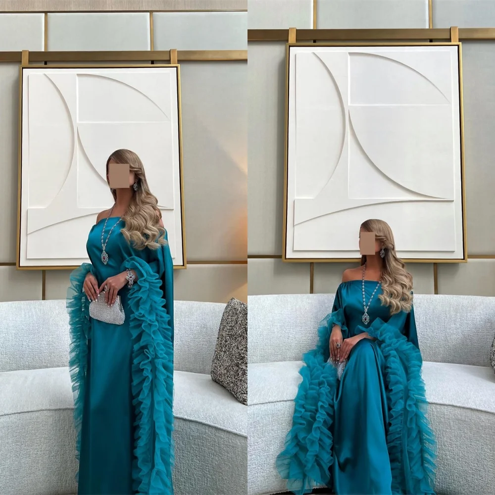 

Customized Temperament Blue Satin Evening Dress High Quality Strapless Off the Shoulder Long Sleeves Bespoke Occasion Gowns