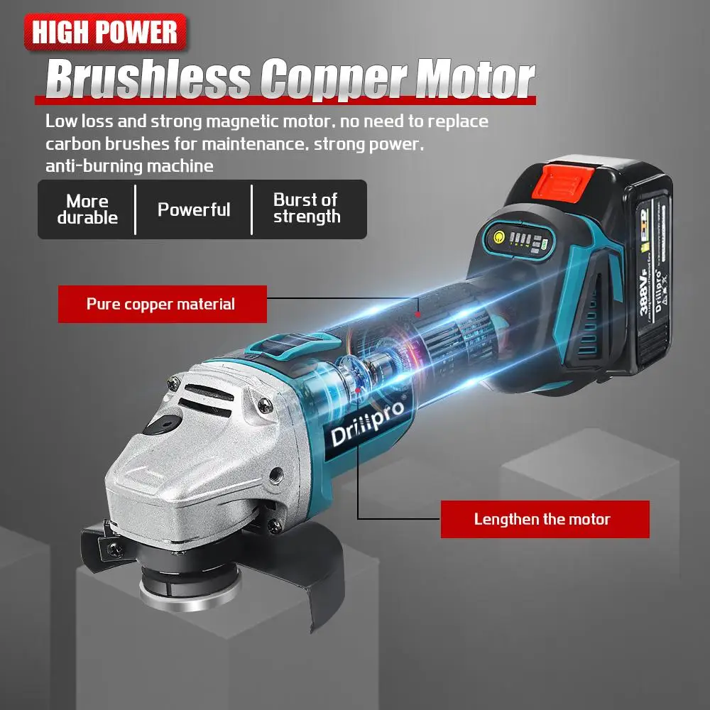 Drillpro 125MM Brushless Angle Grinder Cordless Lithium-Ion Battery Machine Wood Cutting Disc for Makita 18V Battery Power Tools