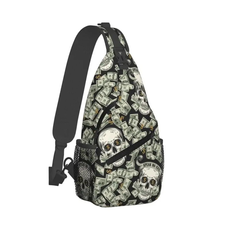 Mochila de hombro con patrón de calavera de dólar personalizado para hombre, bandolera de pecho, informal, para senderismo