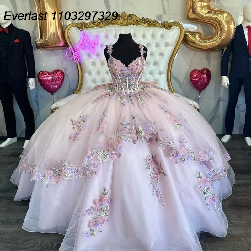 EVLAST abito Quinceanera rosa messicano abito da ballo 3D Applique floreale perline corsetto a pieghe dolce 15 Vestido De 15 Anos TQD569