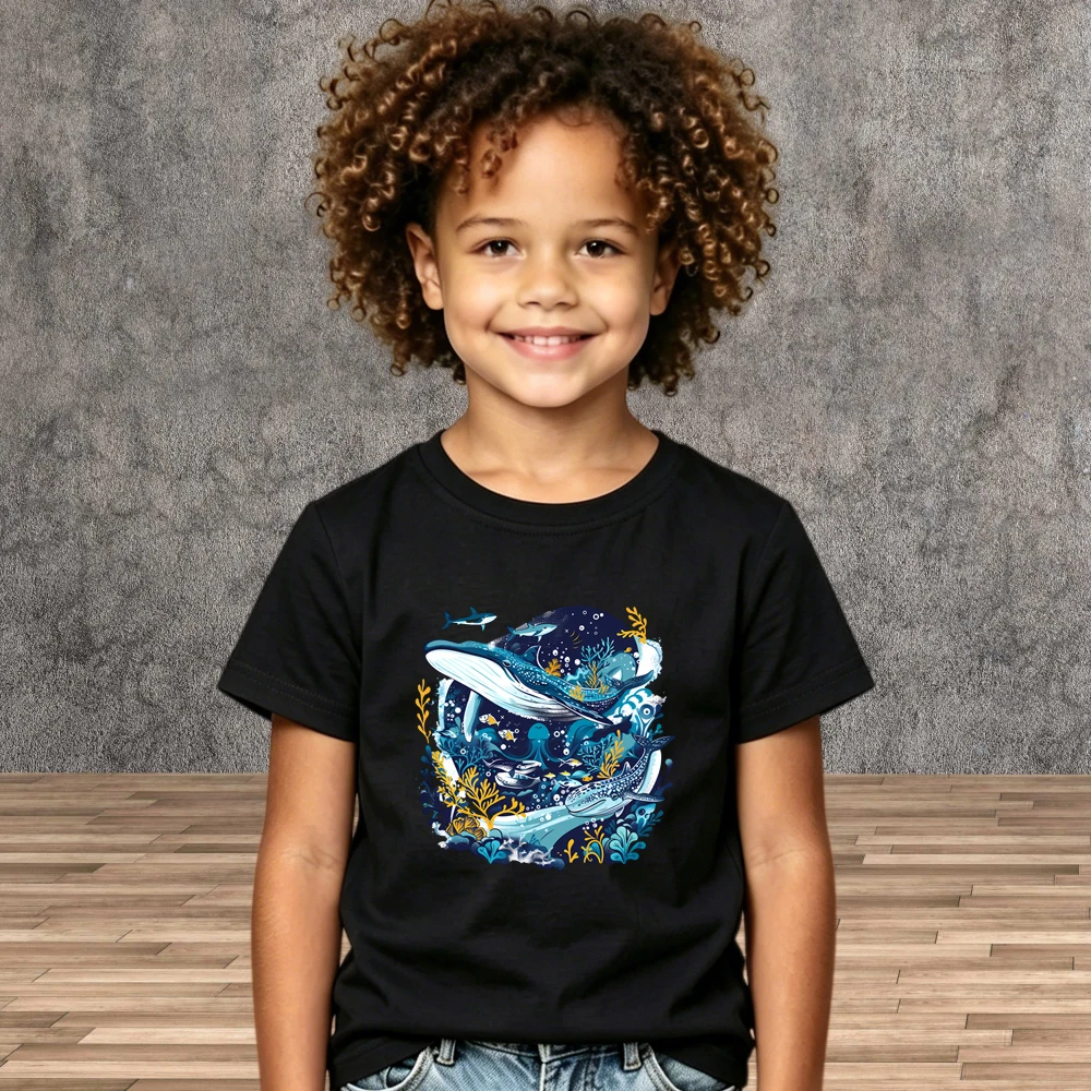 New Summer Boys Girls T-Shirt Underwater Whale Pattern Short Sleeve Kids Marine Life Tops