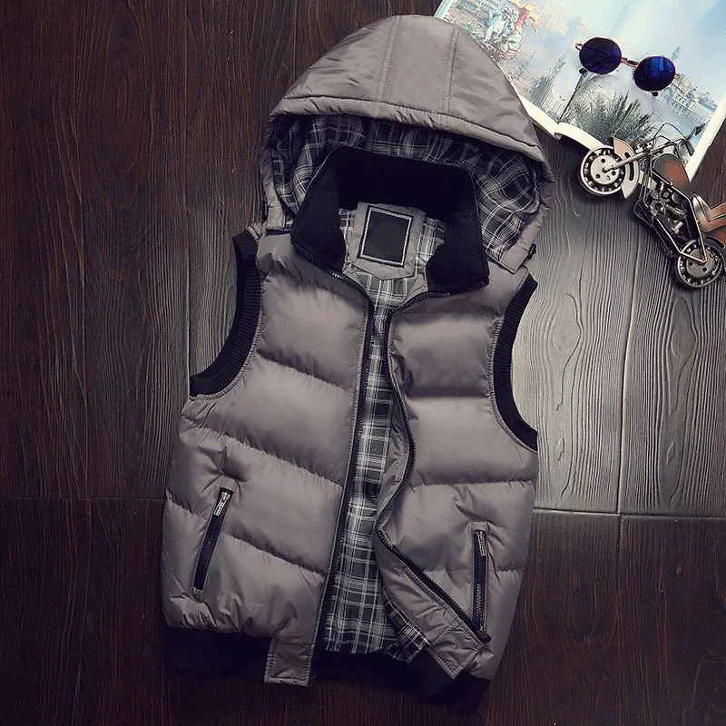 Men's Puffer Sleeveless Winter Coats Contrast Color Hooded Down Cotton Vest Jackets Thick Warm Windbreaker Waistcoat Clothing view 6