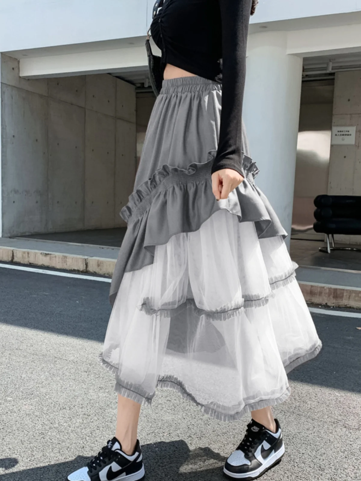 Irregular Lace Splicing Half Skirt Women's Spring Autumn New Style Fashionable Wooden  Ear mid Length Umbrella Skirt