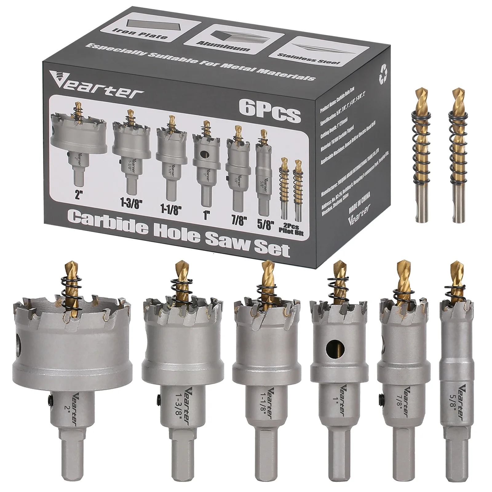 Vearter-carbide Tct Hole Saw Kit Bits Piloto para Hard Metal Aço Inoxidável Cobre Ferro Liga de Alumínio Pcs