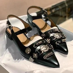 Personality Retro Toe Pumps Women's New Punk Style Rivet Metal Buckle Flat Shoes Pointed Sandals