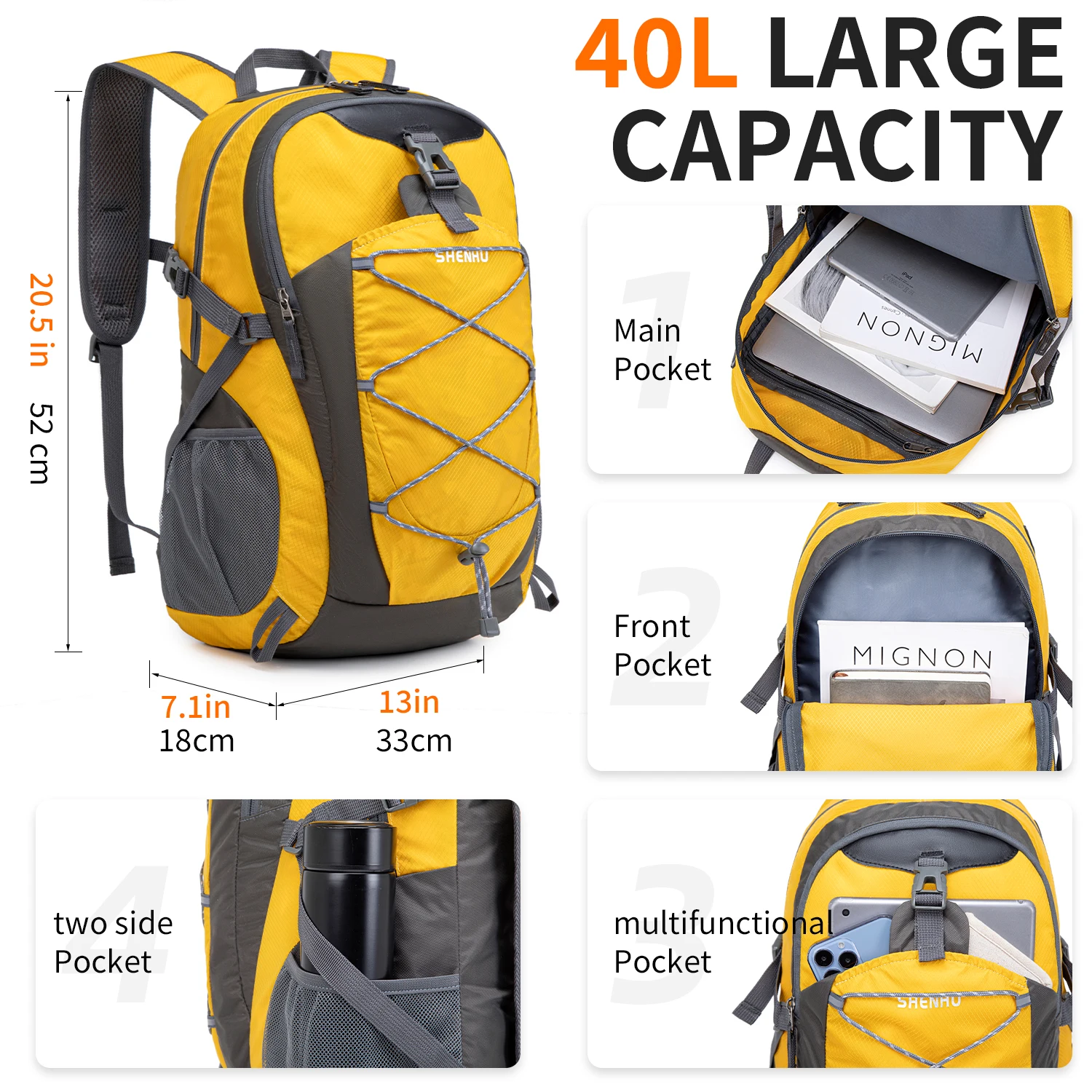 Ultra-Lightweight Packable Hiking Backpack, Foldable, Waterproof, Camping, Outdoor Sports, 40L