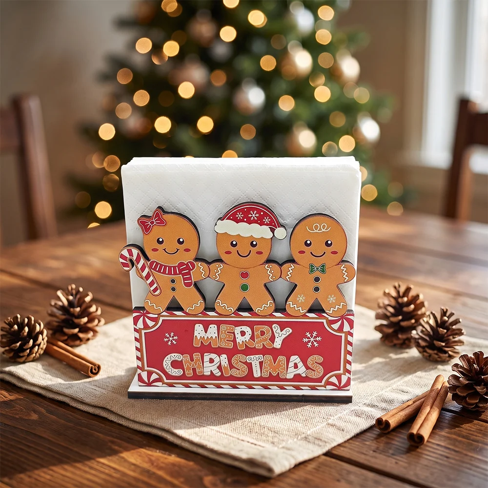 1 Piece of Gingerbread Man Wooden 2D Flat Thickened Napkin Holder, with a Stable Wooden Base, Wooden Printed Pattern, Suitable for Home Dining Tables, Kitchen Countertops, Dining Room Sideboards, and Early Morning Bar Islands, Doubles as a Paper Towel Holder and Festive Table Decoration, Perfect for Christmas and Thanksgiving Gifts