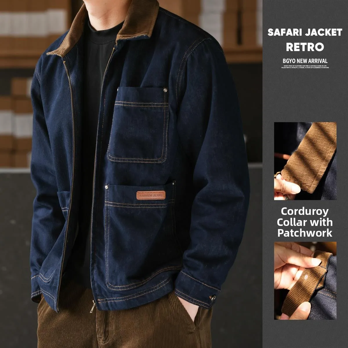 

Retro Barn Sle Casual Denim Jaet for Men Loose Fit Long Sve Zipper Closure Classic Collar Youth Faion Cotton Polyest...