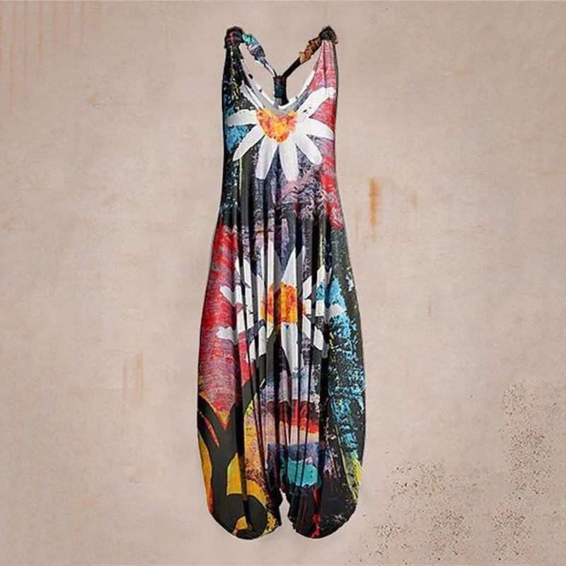 New Women\'s Sleeveless Print Casual Bib Jumpsuit