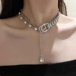 Geometric Crystal Choker Necklaces for Women Splicing Chain Button Long Pendant Necklaces Statement Jewelry