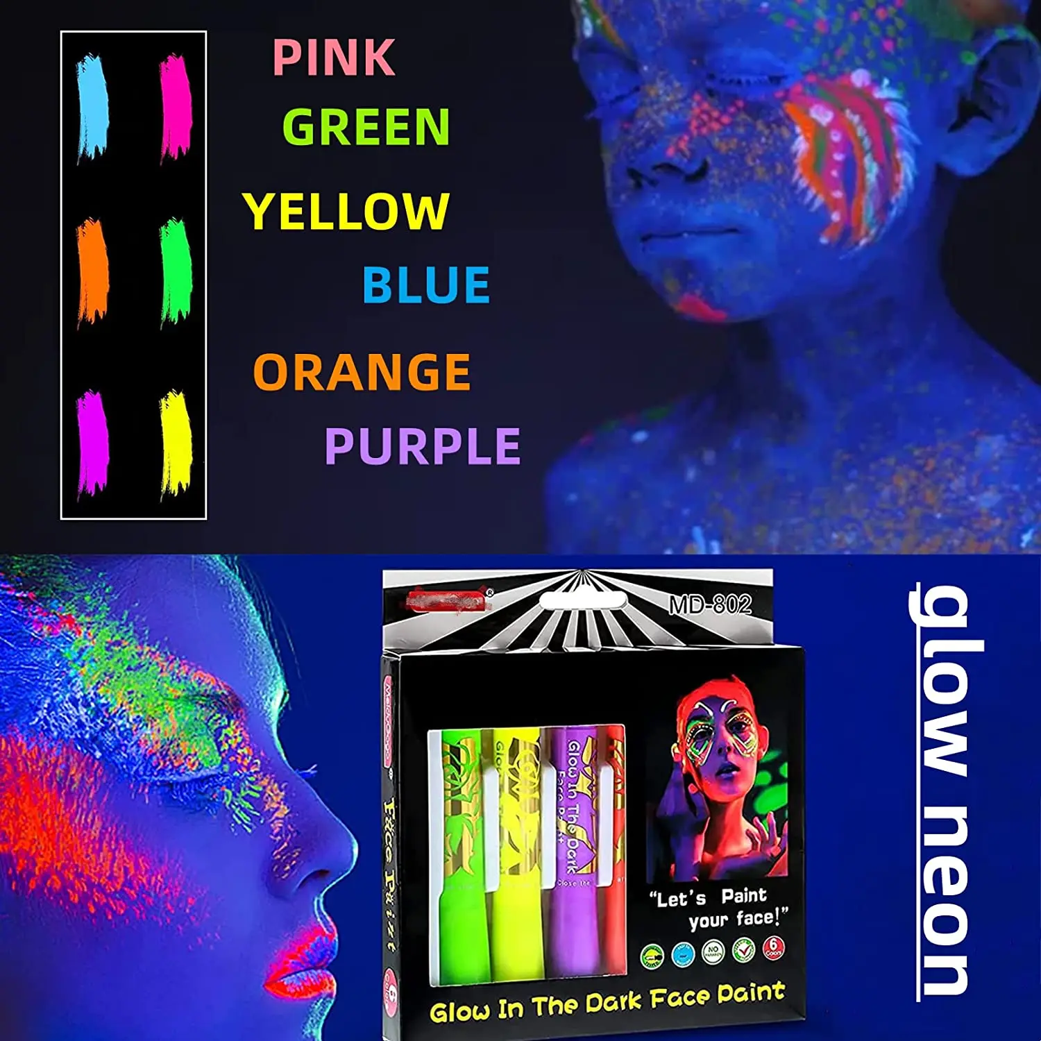 6 Pcs Glow in The Black Light Body Face Paint UV Crayons Fluorescent Body Paints for Adults Party Halloween Face Painting Kit