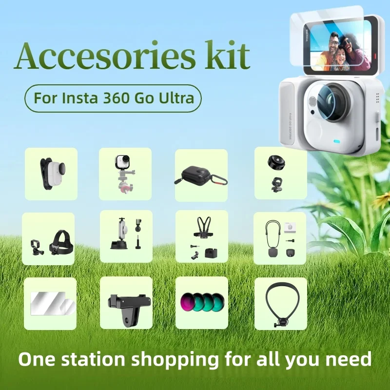 Accessories Kit for Insta360 GO Ultra: Chest Strap, Backpack Clip, Selfie Stick, Wrist Strap, Motorcycle Mount, Tempered Glass