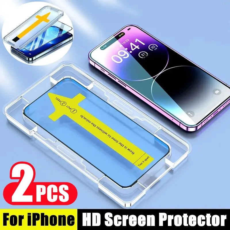 Protector de pantalla de cubierta completa para iPhone, vidrio templado, instalación con un clic, 14, 11, 12, 15, 13 Pro Max, 2 unidades