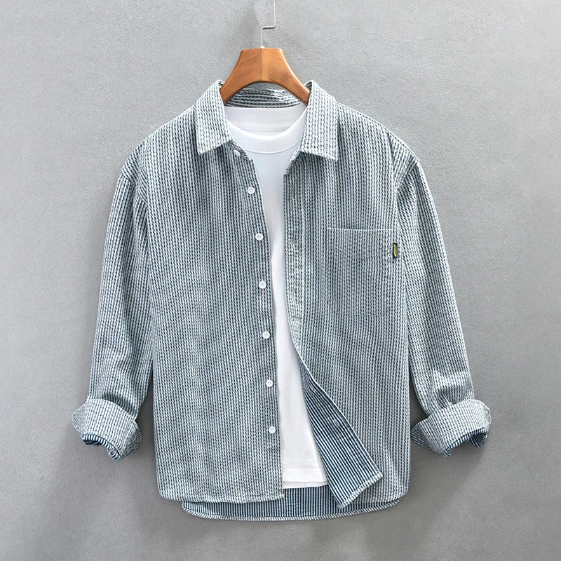 

Spring Men's Loose Striped Long Sleeve Shirt Vintage comfort Business Casual Simple 100% Cotton High Quality Tops Shirt For Man