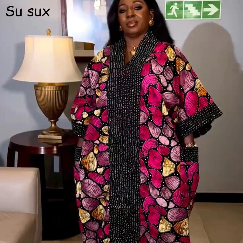 

African Print Dresses For Women Clothing 2024 Dashiki Plus Size Sequins Pocket Maxi Dress African Clothes Robe Africaine Femme