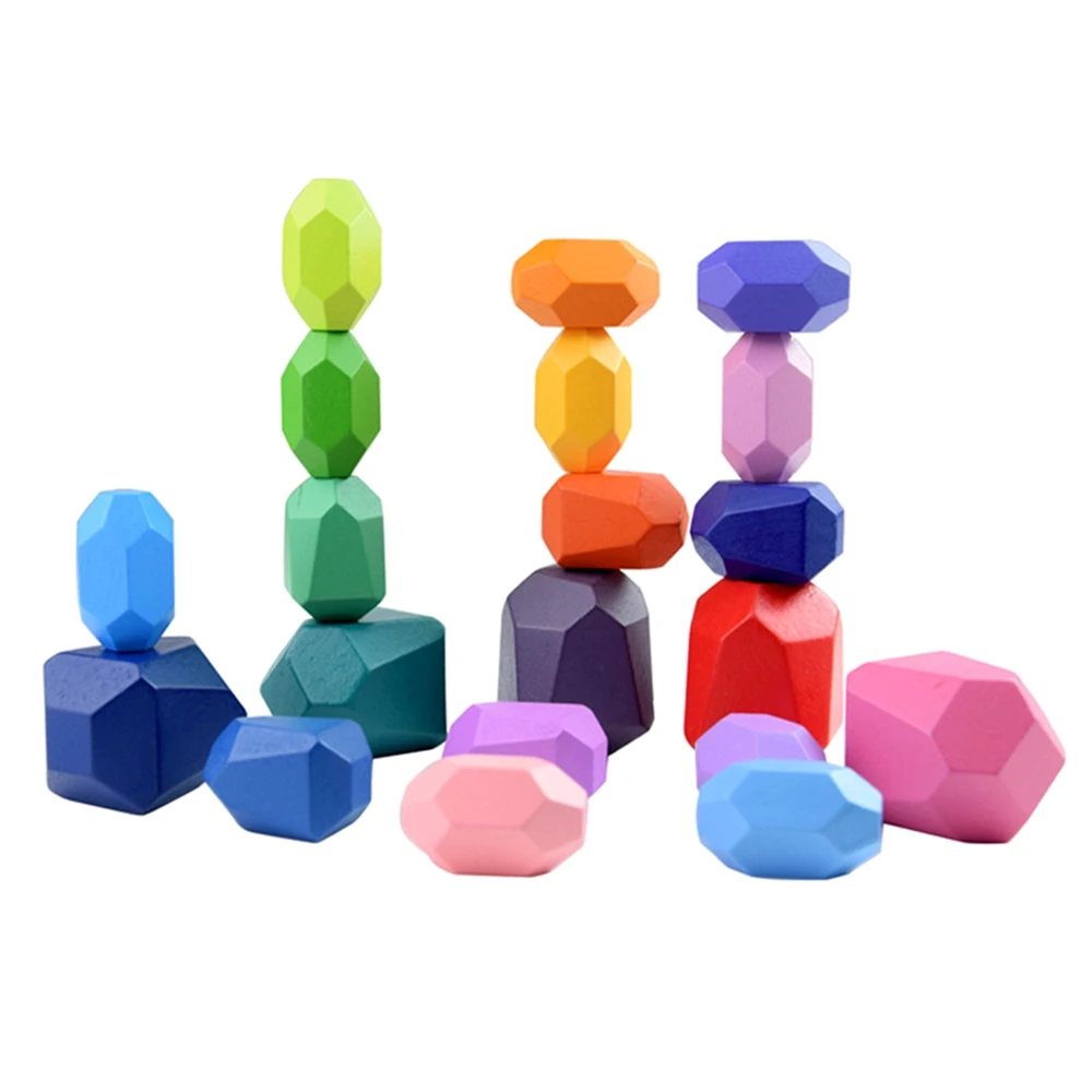 BAAA-Children Wooden Colored Stone Blocks Building Block Educational Toy Nordic Style Stacking Block Game Rainbow Wooden Toy