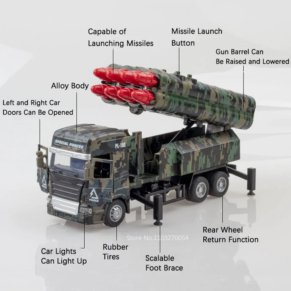 1:32 Missile Rocket Launcher Miniature Model Car Toy Diecast Alloy Body Doors Opened Sound Light Pull Back Vehicle Gifts for Boy