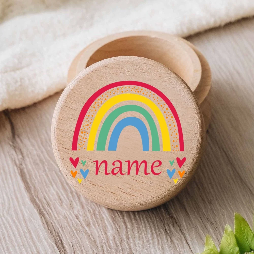 Arcobaleno personalizzato con nome inciso Baby Tooth Box Keepsake denti ombelicale Curl Hair wooden Collect Case Infant Shower Gift