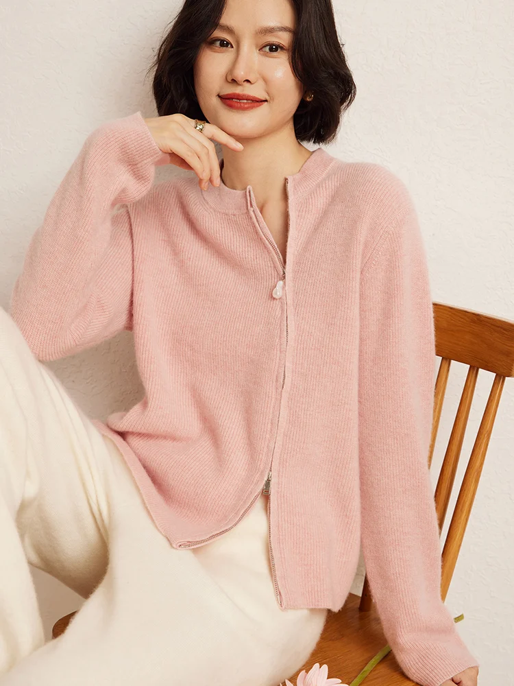 

MEETCC Women's 100% Cashmere Double Zippered Cardigan Sweaters Autumn Winter Designed Knitwears Comfortable Soft Warm Coats