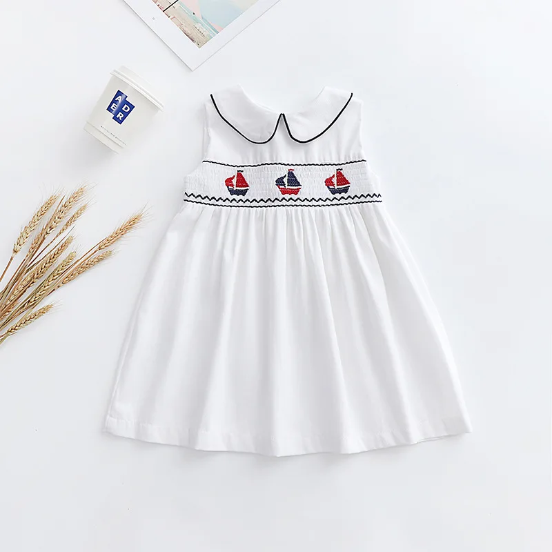 Fall Summer Season Hand Smock Round Neck Baby Girls Skirt Outfits Boutique Children Clothes Three Boat Print Smocked White Dress