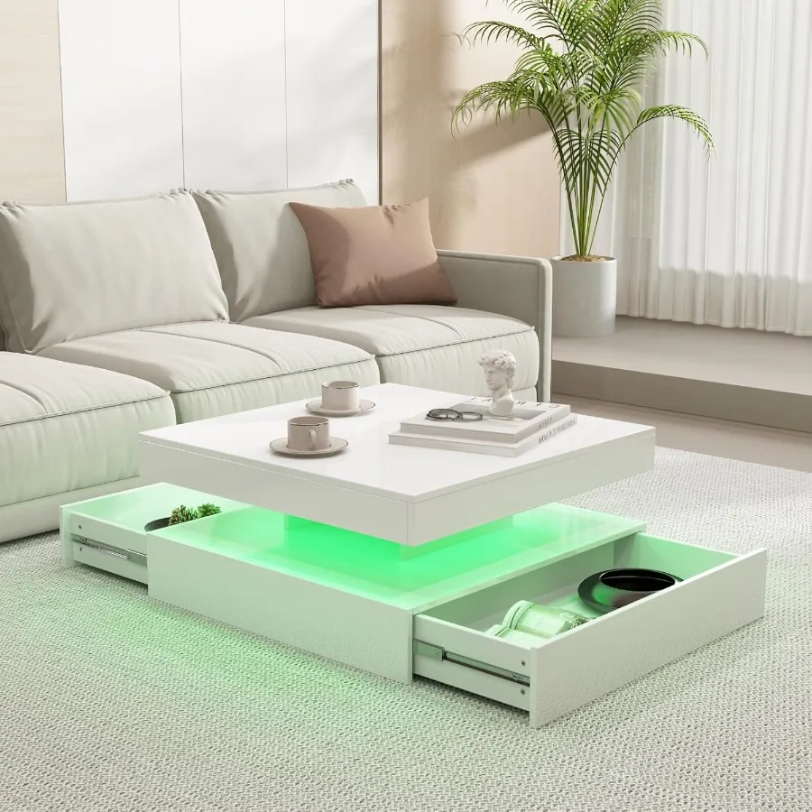 White LED Coffee Table for Living Room Square Coffee Table with Lights High Glossy Surface Cocktail Table Modern Center Table w