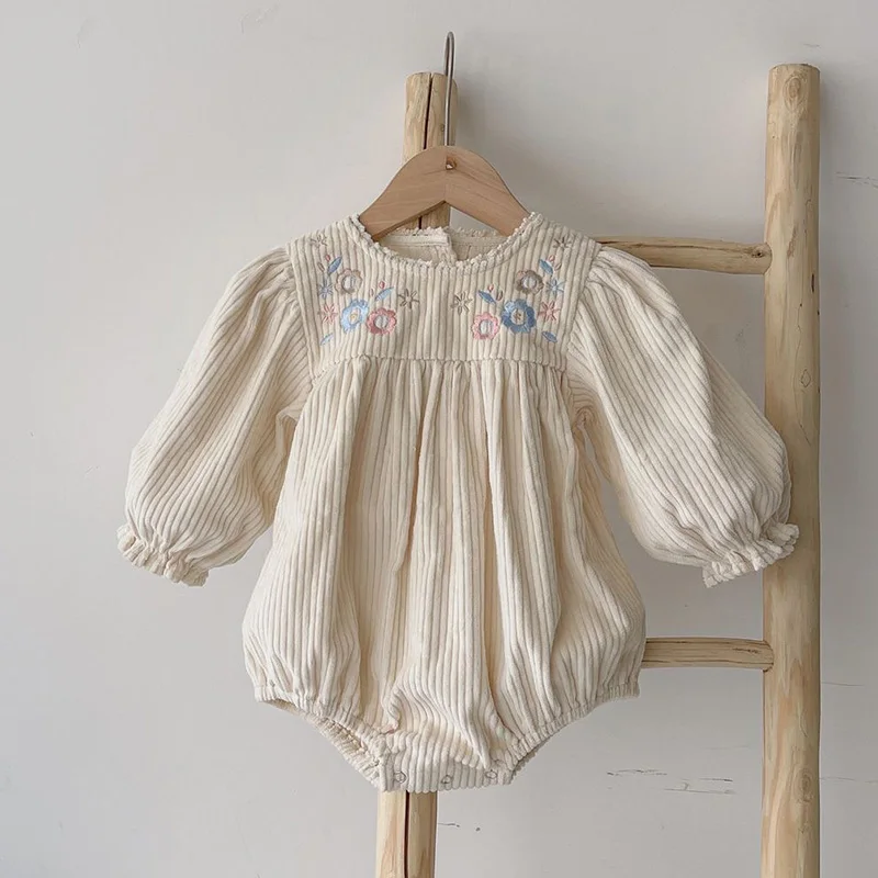 Autumn Toddler Baby Girl Romper Corduroy Long Sleeve Embroidered Flowers Newborn Baby Girl Jumpsuit Spring Baby Girl Clothing