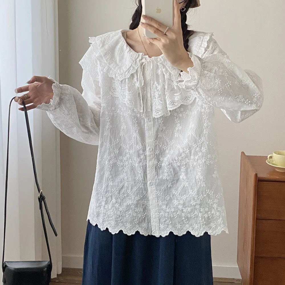Mori Girl Lace Embroidered Shirt Ruffled Peter Pan Collar Long Puff Sleeve Blouse Scalloped Hem Sweet White Cotton Top