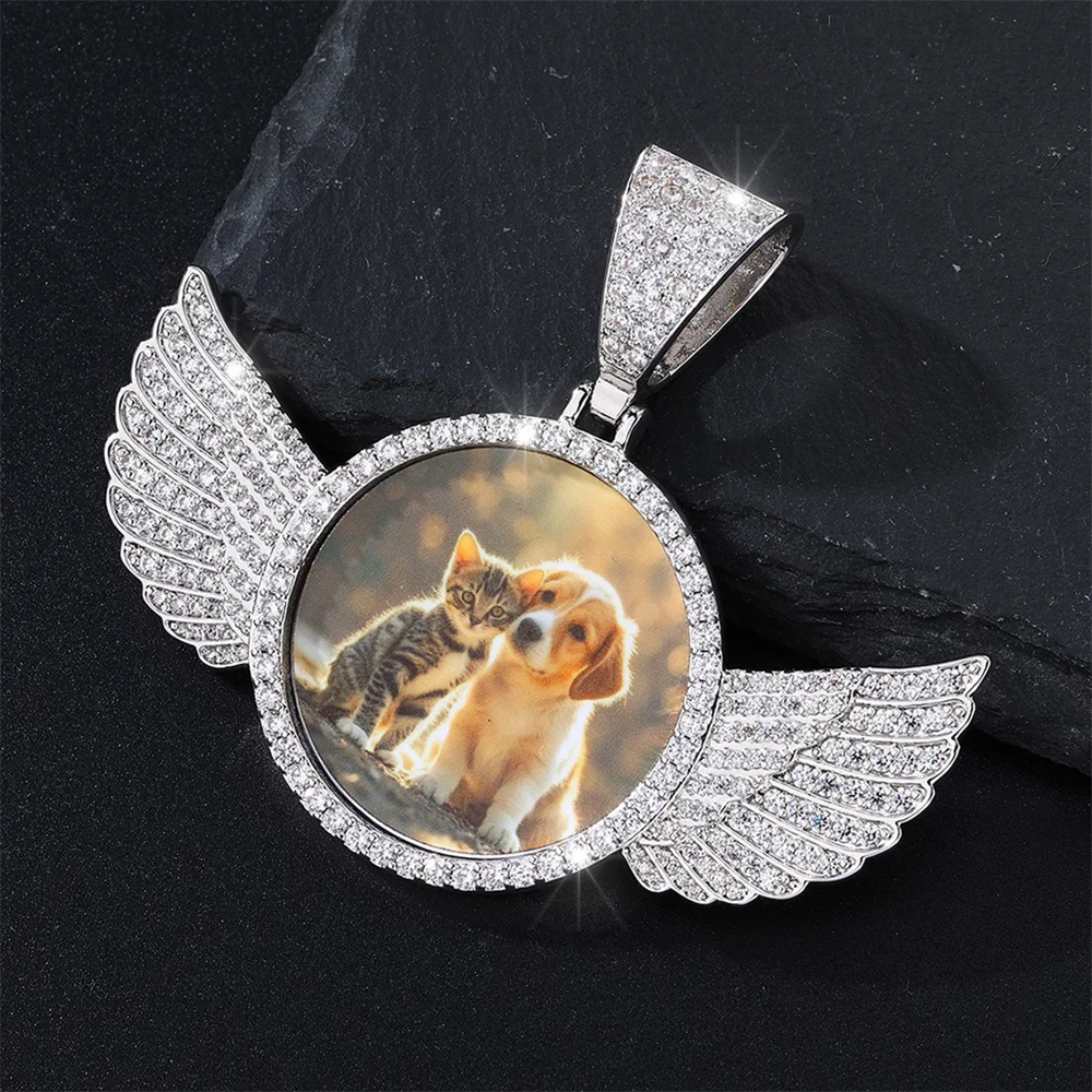 D&Z Hip Pop Wing Custom Photo Pendant Necklace Fashion Holds Pictures Memory DIY Picture Necklace Jewelry for Women Men Gift