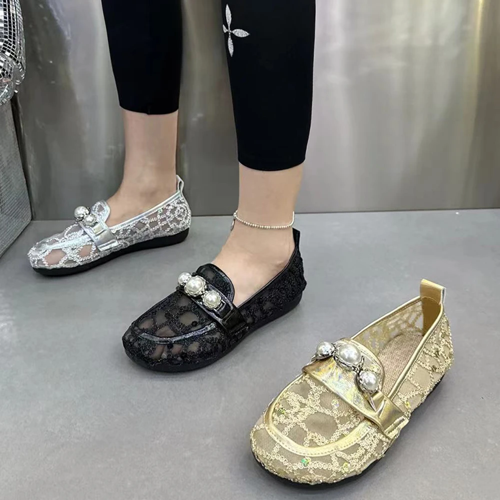 Fashion Women Loafers Pearl Gauze Casual Summer Women Shoes Plus Size Sandals Breathable Designer Women Shoes