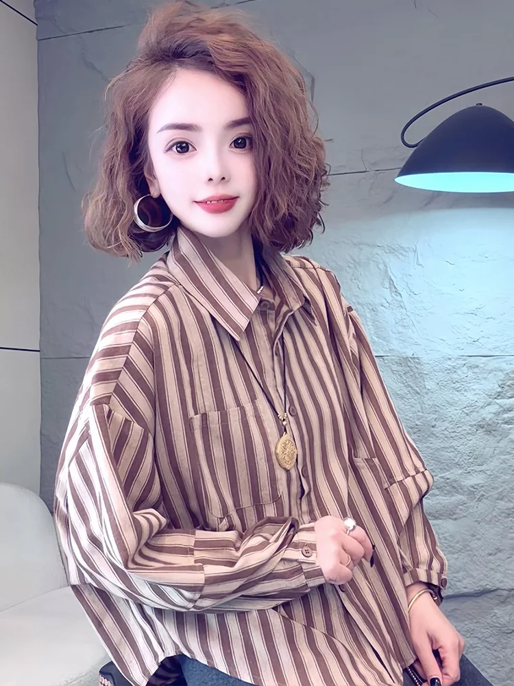 Moda feminina solta longa Sve irt outono nova chegada listrada agasalhos Faionable Casual Vintage Sle respirável Comfo...