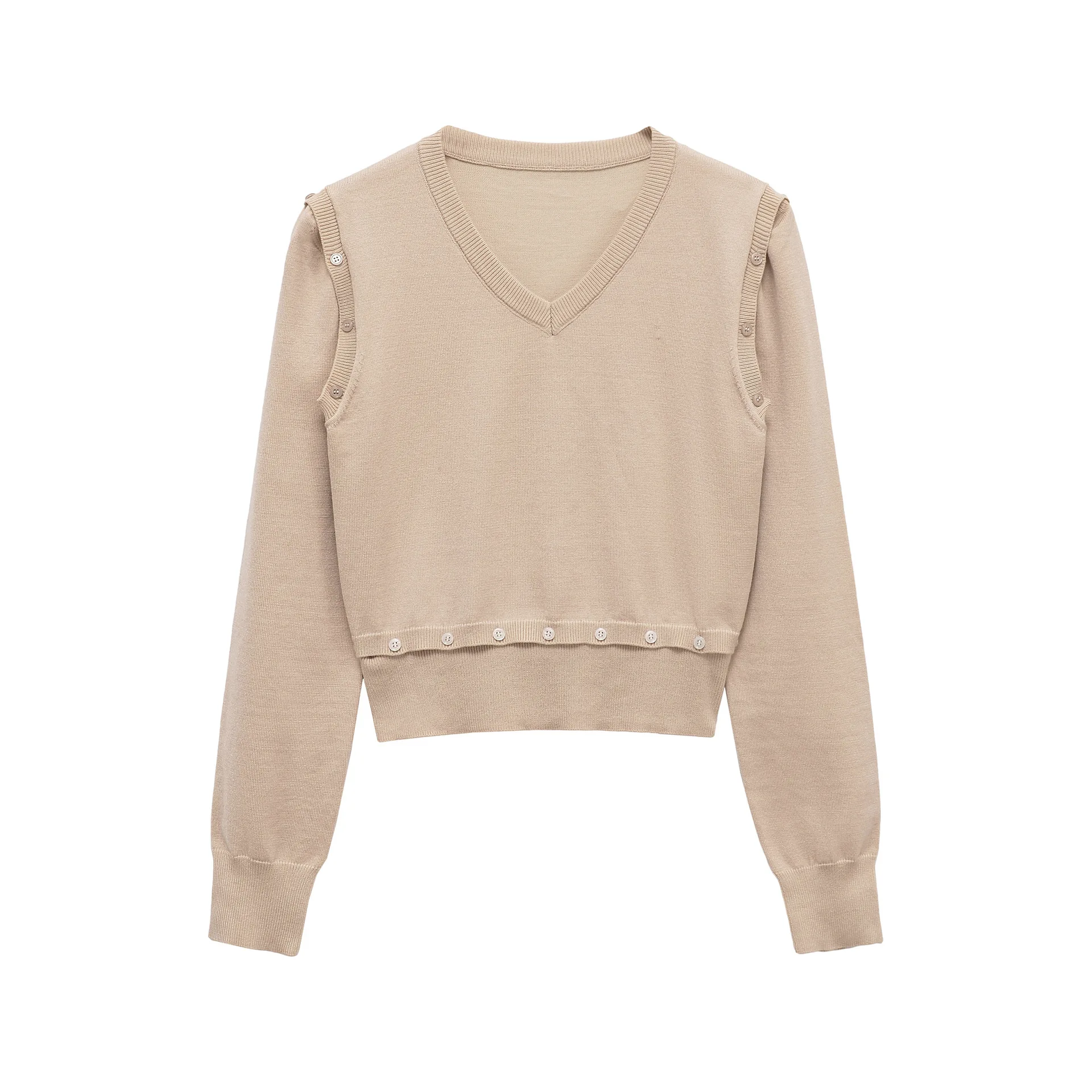 Autumn New Stylish And Simple Button-decorated Removable V-neck Long-sleeved Knitted Sweater