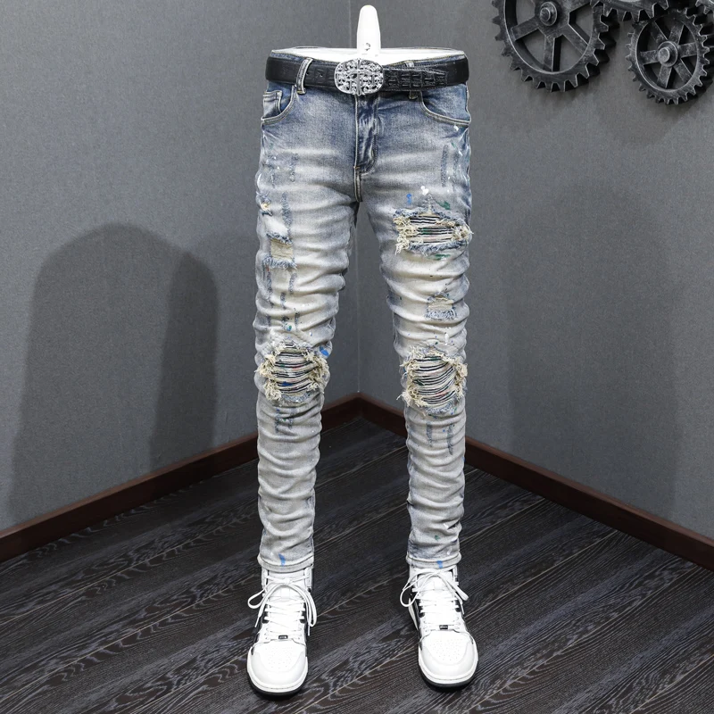 High street fashion new jeans, washed with water, nostalgic stretch, slim fit, retro light blue, ripped patch jeans, hip-hop bra