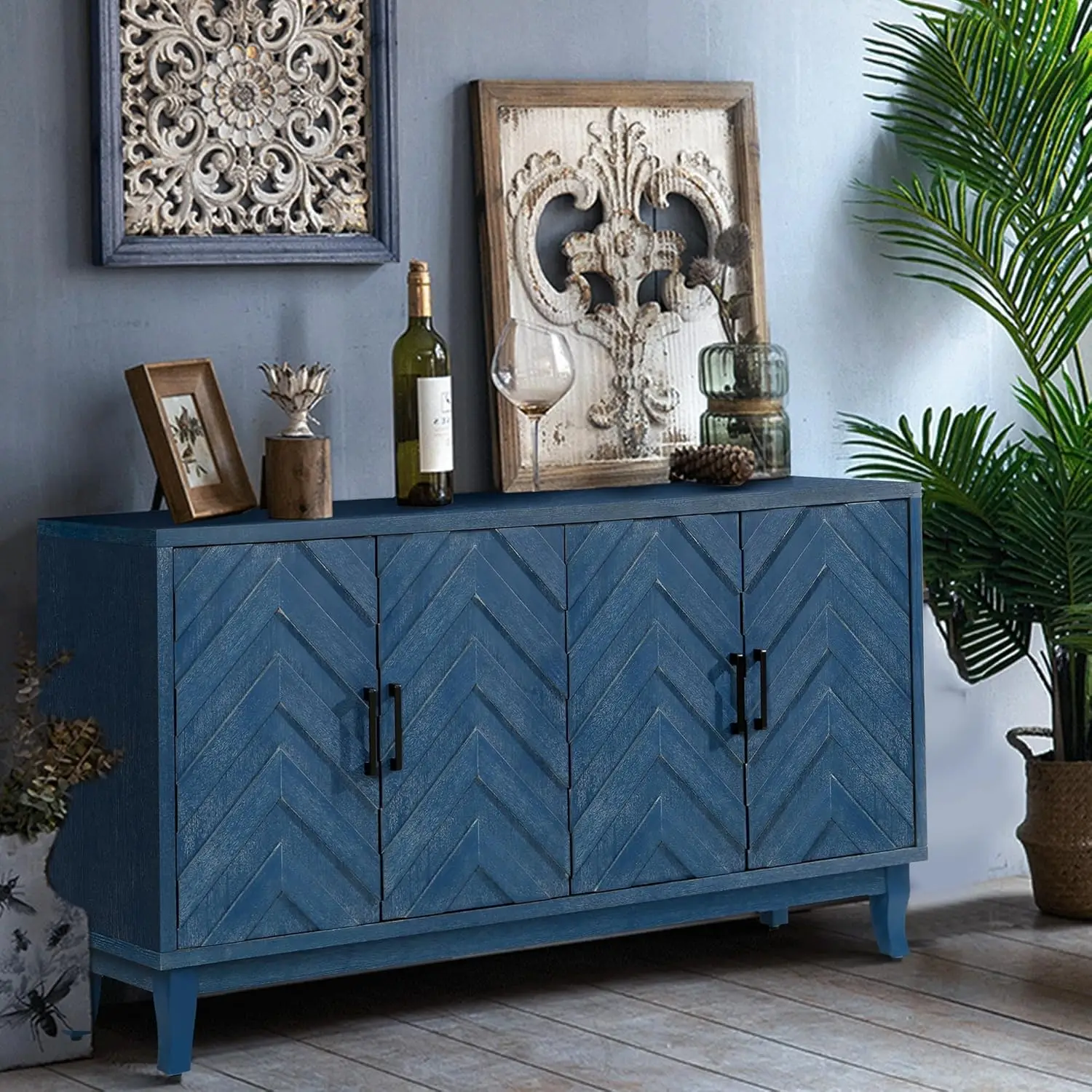 Vintage Wide Sideboard, Wood Cabinet with Black Metal Handle, Buffet Cabinet with Adjustable Shelf, Storage Sideboard