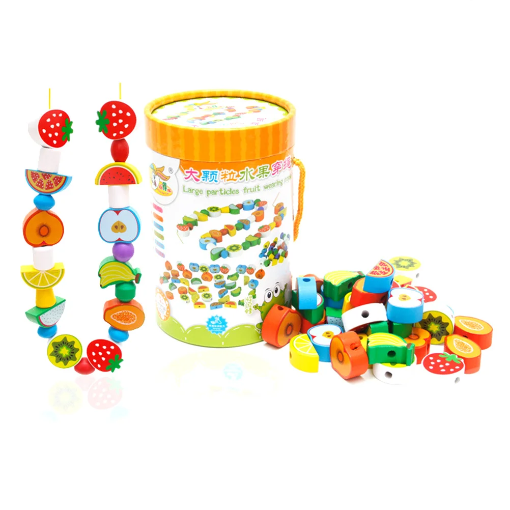 70 Stück Holzfrüchte zum Auffädeln von Perlen, Schnürspiel für Kleinkinder, Kinder, bunte Formensortierung, Stapeln, frühes Lernen, motorische Fähigkeiten