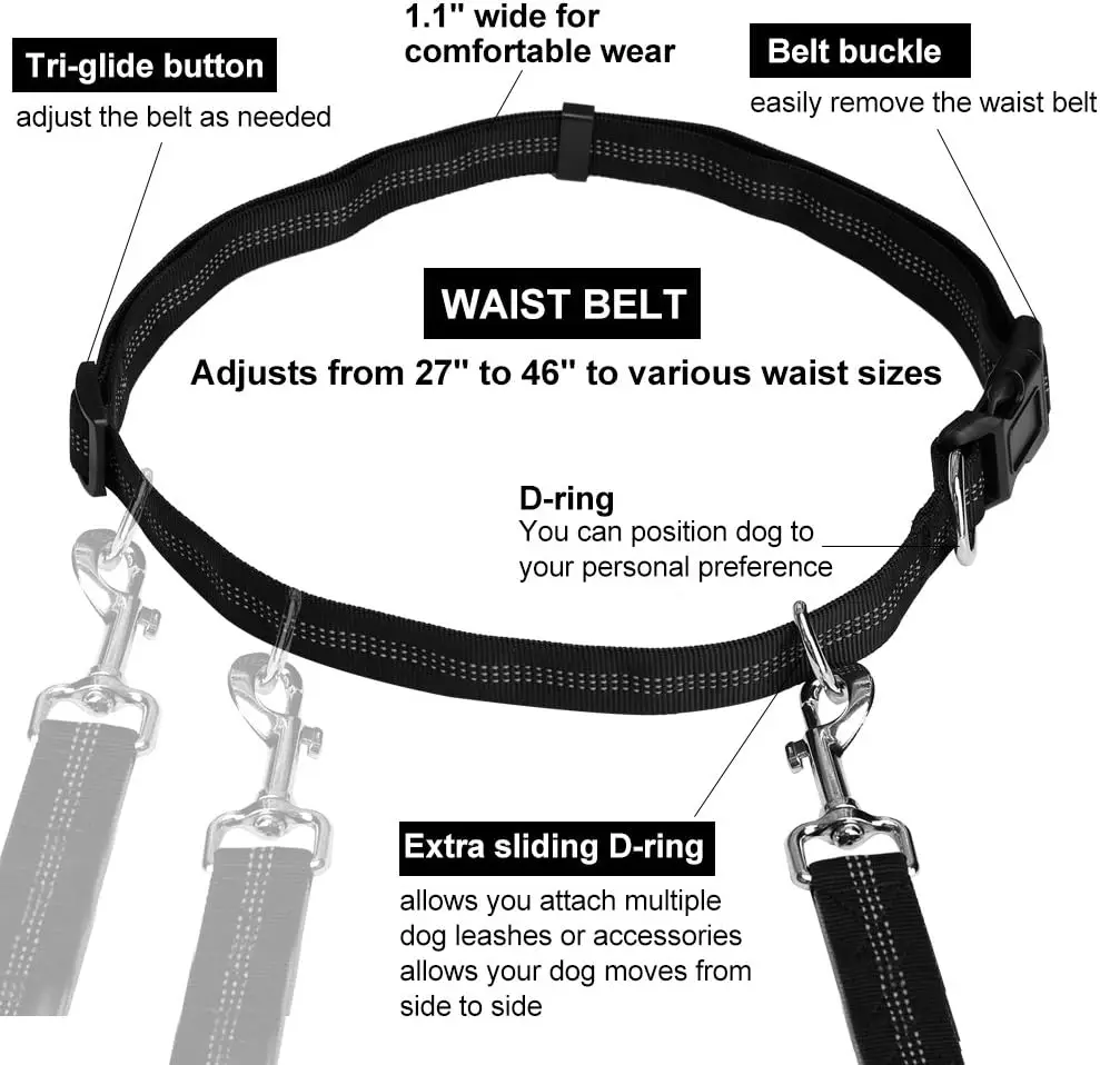 Hands Free Dog Leash for Running Walking Training Dual-Handle Reflective Bungee Poop Bag Dispenser Pouch Adjustable Waist Belt