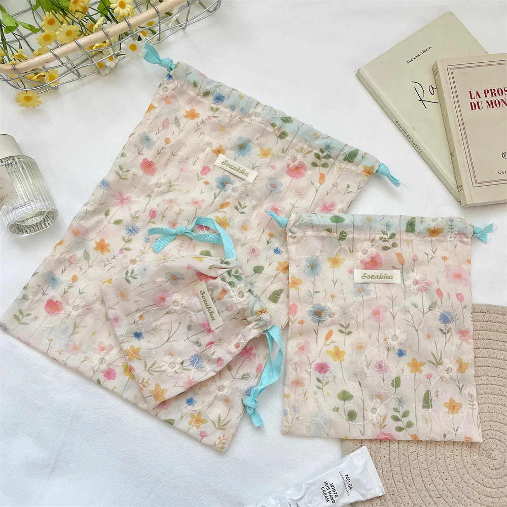 1pc Colorful Floral Drawstring Storage Pouch, Fabric Travel Bag, Portable Organizer for Underwear, Cosmetics & Small Sundries
